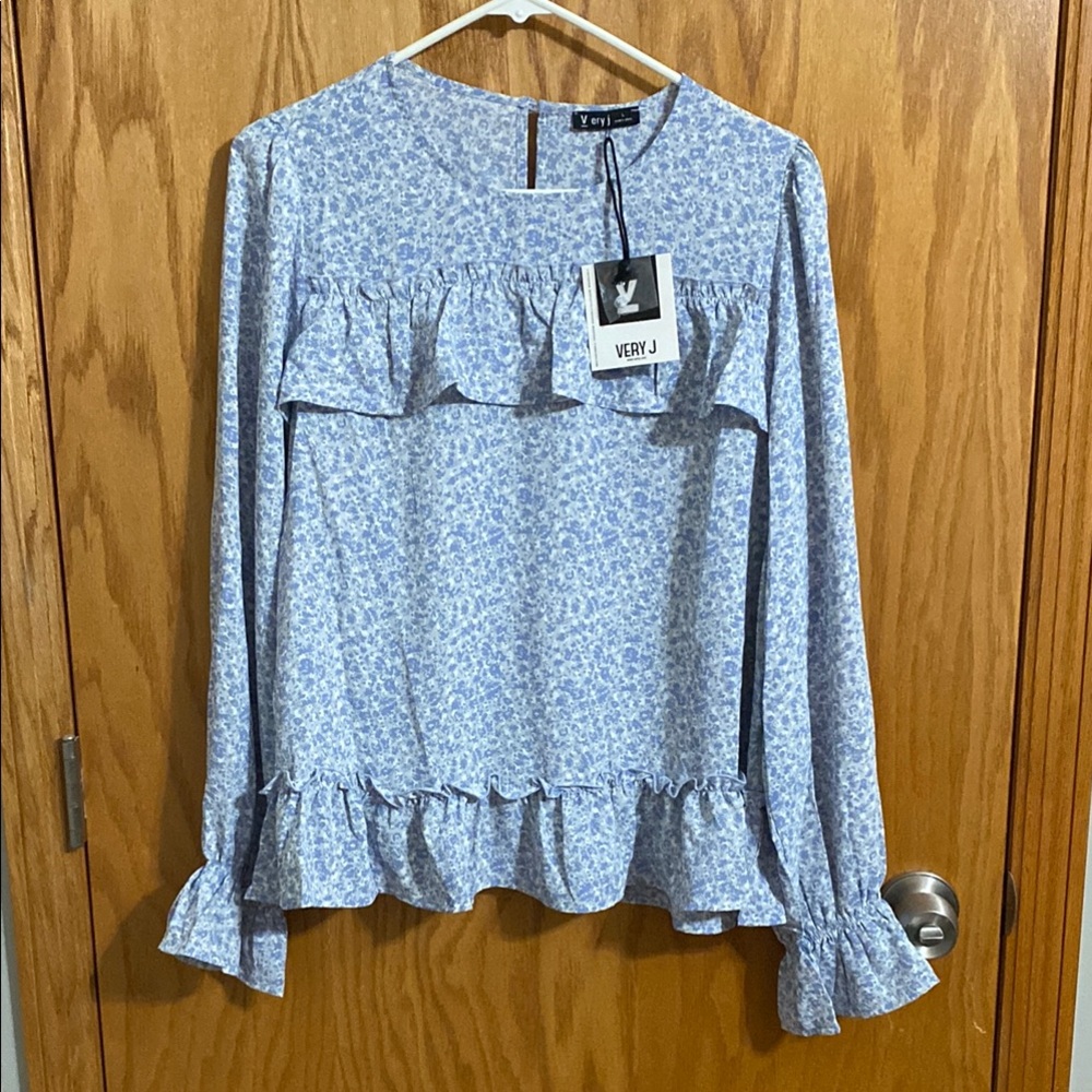 Very J Blue Flutter Sleeve Ruffled Blouse
